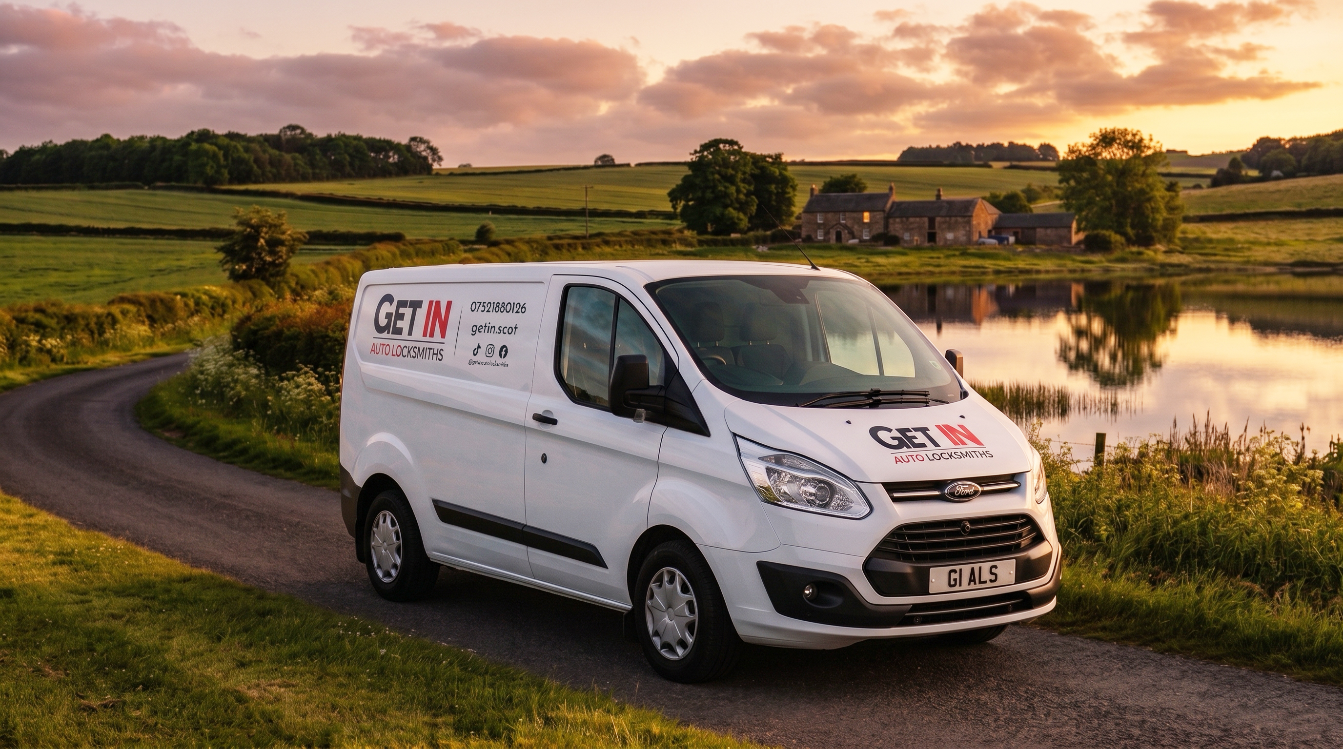 Get In's branded locksmith van beside a Scottish loch